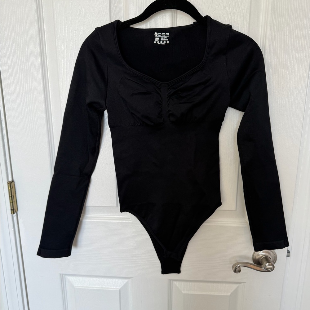Black Long-Sleeve Bodysuit with Ruched Bust
